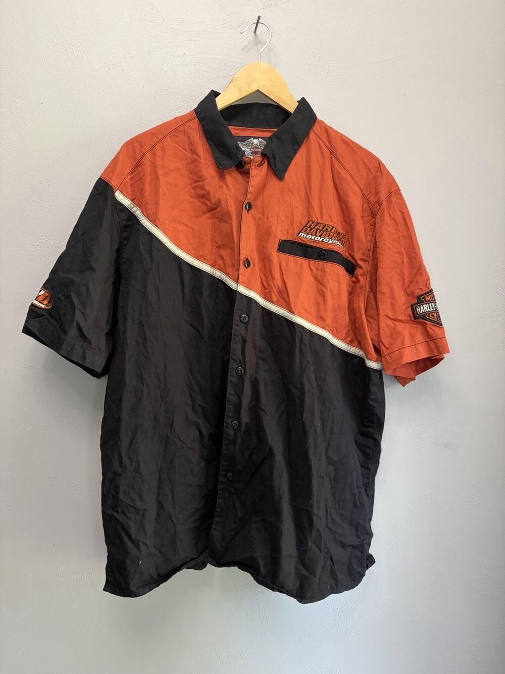 Vintage Harley Davidson Racing Pit Shirt Black Orange Button Up Men's XL (0080)